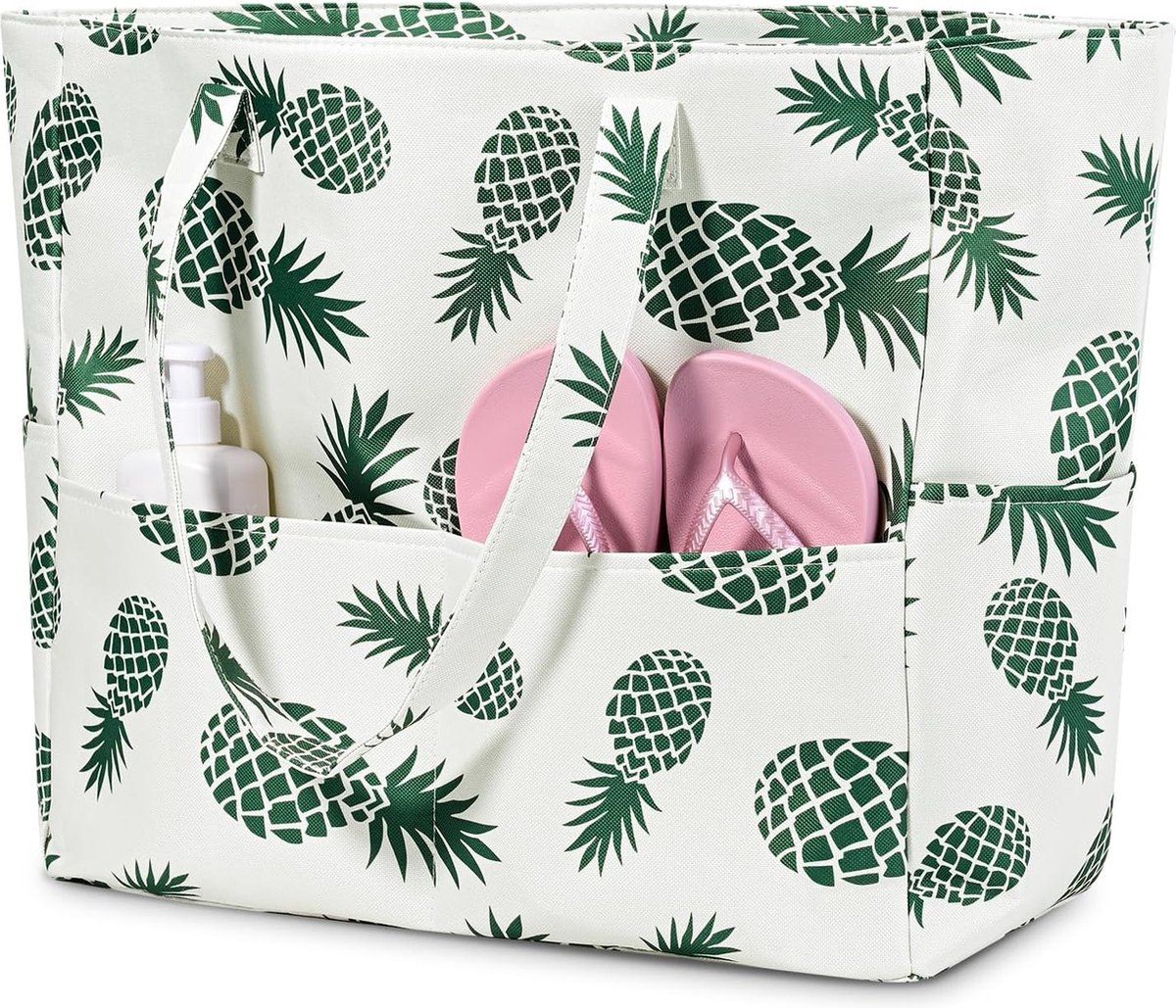 XXL Beach Tote Bag With Zipper, Lightweight Foldable Polyester Travel Bag For Family Beach Pool Sauna, Pineapple Print, 43 x 38 x 15 cm, 45 L