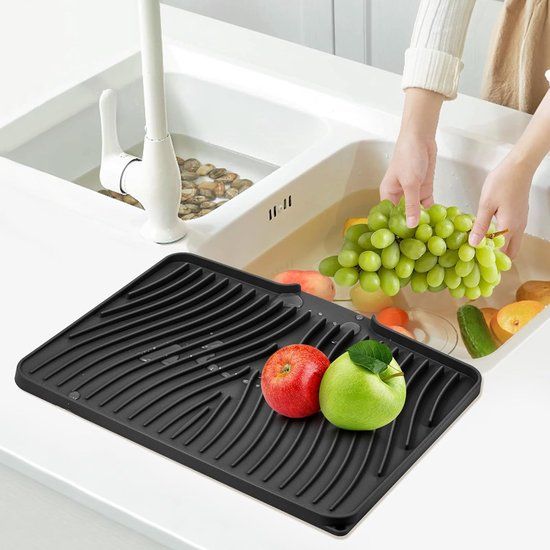 Silicone Dish Drying Mat With Built In Drain, Non Slip Heat Resistant Drainer For Kitchen Countertop, Black, 40 x 33 cm