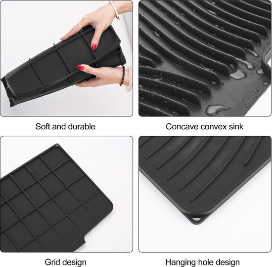 Silicone Dish Drying Mat With Built In Drain, Non Slip Heat Resistant Drainer For Kitchen Countertop, Black, 40 x 33 cm