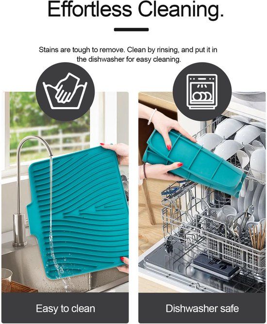 Silicone Dish Drying Mat, Heat Resistant Non Slip Ribbed Draining Pad For Kitchen Sink Countertop, Green, 40 x 33 cm