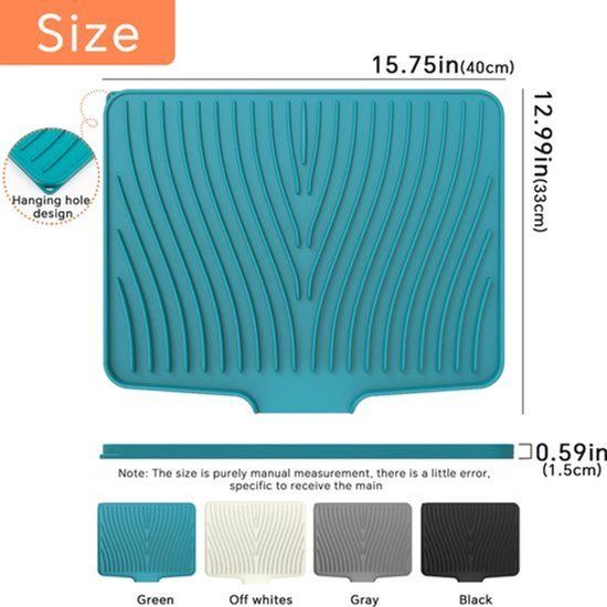 Silicone Dish Drying Mat, Heat Resistant Non Slip Ribbed Draining Pad For Kitchen Sink Countertop, Green, 40 x 33 cm