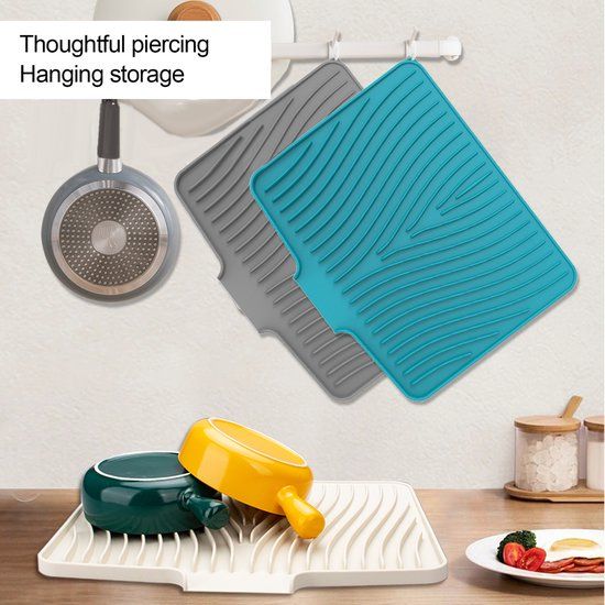 Silicone Dish Drying Mat, Heat Resistant Non Slip Ribbed Draining Pad For Kitchen Sink Countertop, Green, 40 x 33 cm