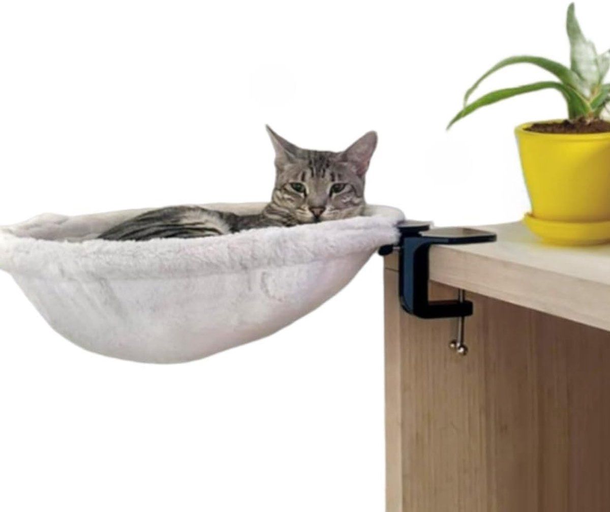 Cat Desk Hammock Bed With Soft Faux Fur And Steel Frame Clamp Mount For Indoor Small To Medium Cats, White Diameter, 40 cm