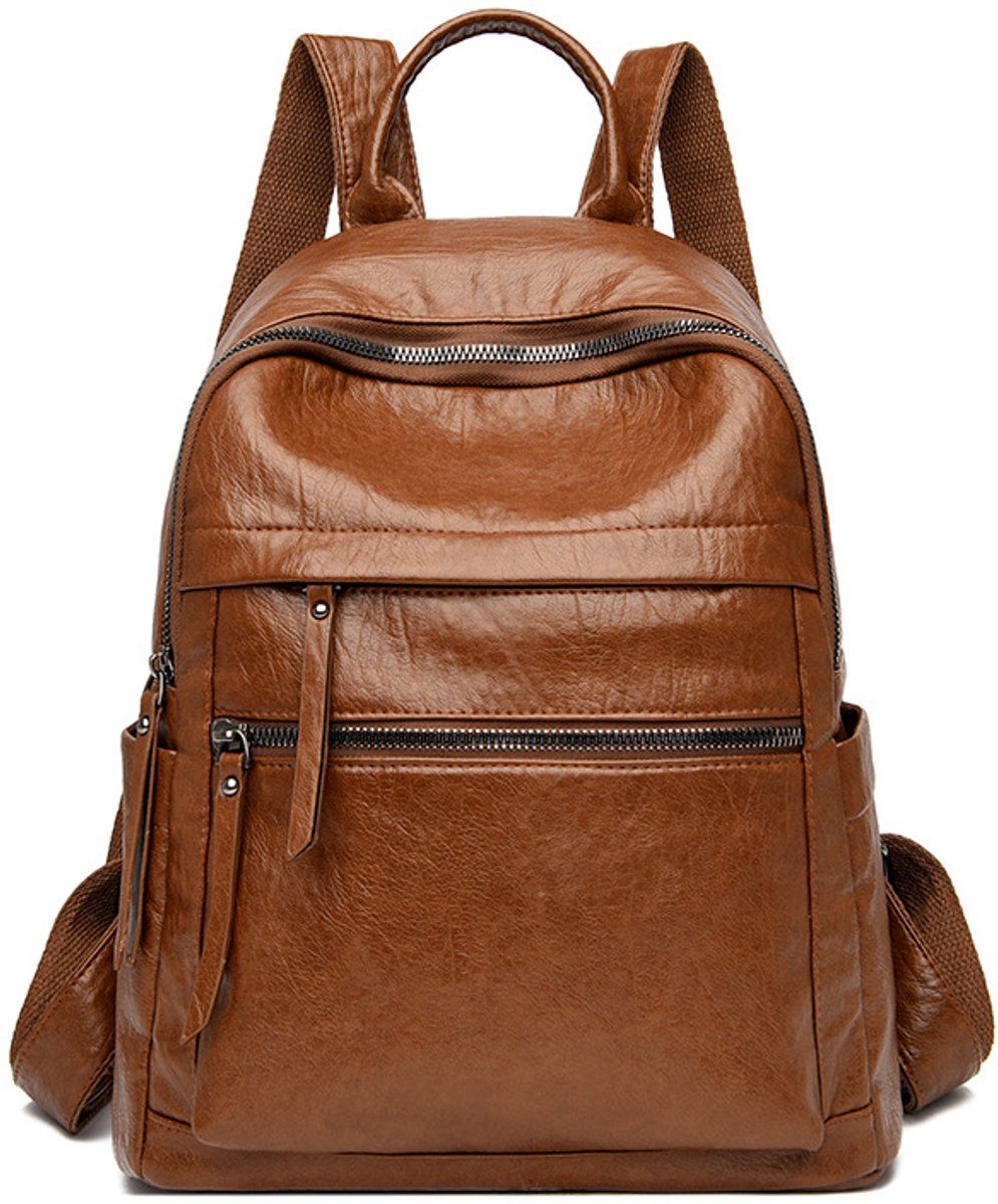 Womens Anti Theft Backpack, Waterproof Soft PU Leather Travel Daypack With Hidden Back Pocket For Commuting And Trips, Brown, 26 x 31 x 11 cm
