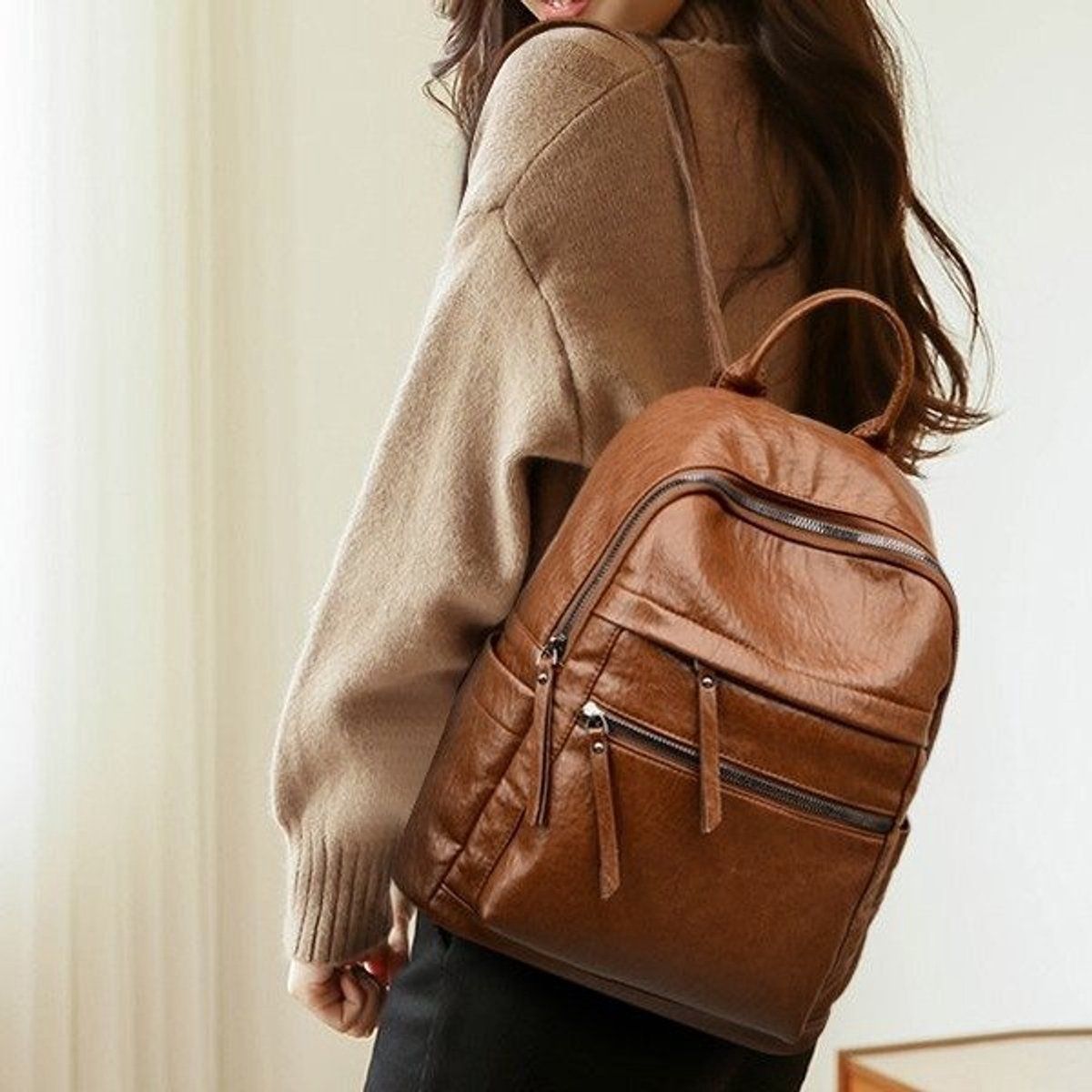Womens Anti Theft Backpack, Waterproof Soft PU Leather Travel Daypack With Hidden Back Pocket For Commuting And Trips, Brown, 26 x 31 x 11 cm