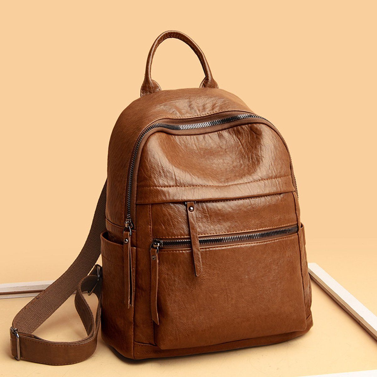Womens Anti Theft Backpack, Waterproof Soft PU Leather Travel Daypack With Hidden Back Pocket For Commuting And Trips, Brown, 26 x 31 x 11 cm