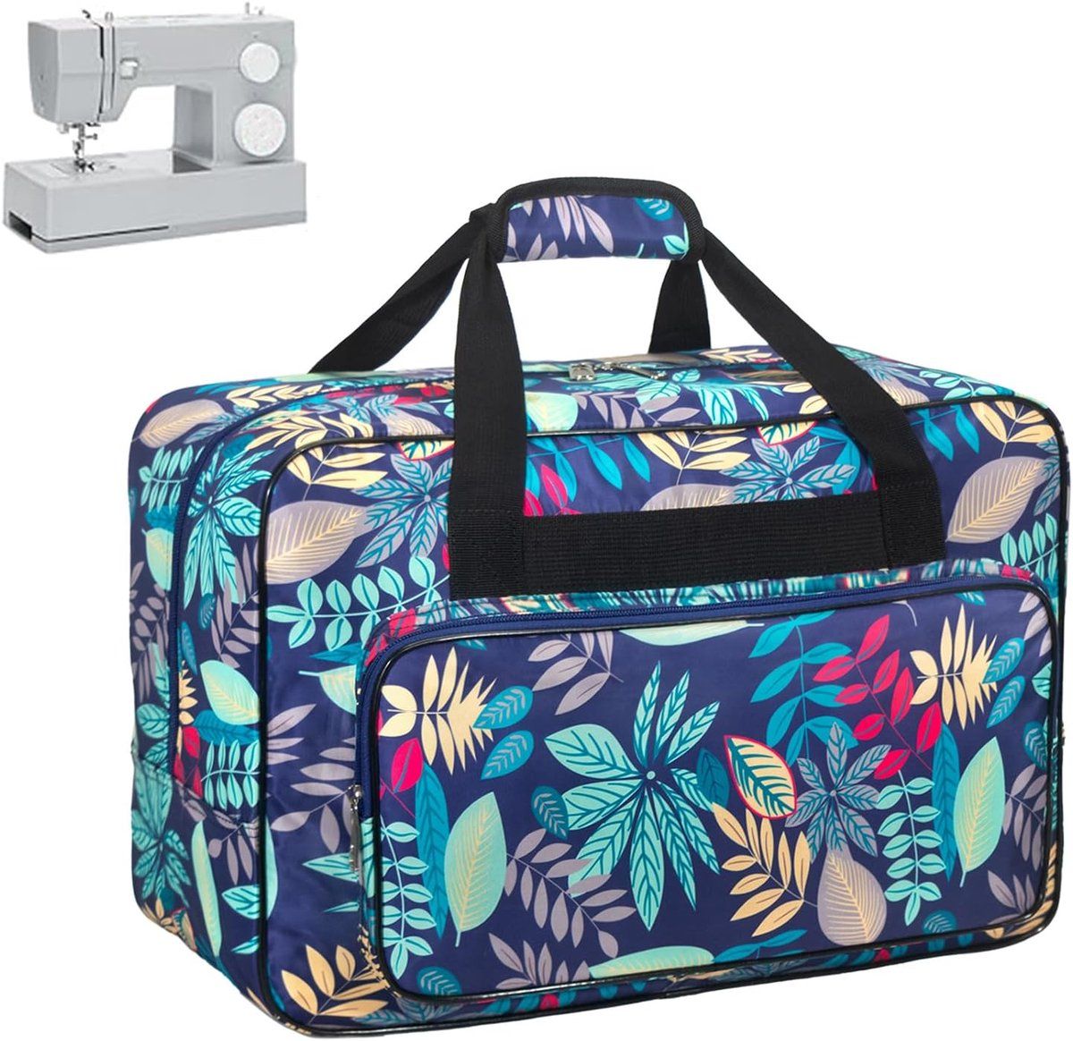Universal Sewing Machine Carrying Case, Nylon Storage Bag With Padded Handle And Accessory Pockets For Travel And Classes, Blue Leaf, 43 x 23 x 32 cm
