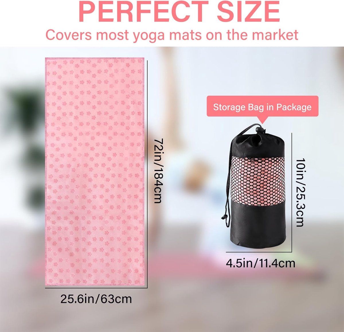 Non Slip Microfiber Yoga Mat Towel With Mesh Carry Bag Quick Dry Sweat Absorbent For Hot Yoga Pilates Gym Pink, 183 x 63 cm