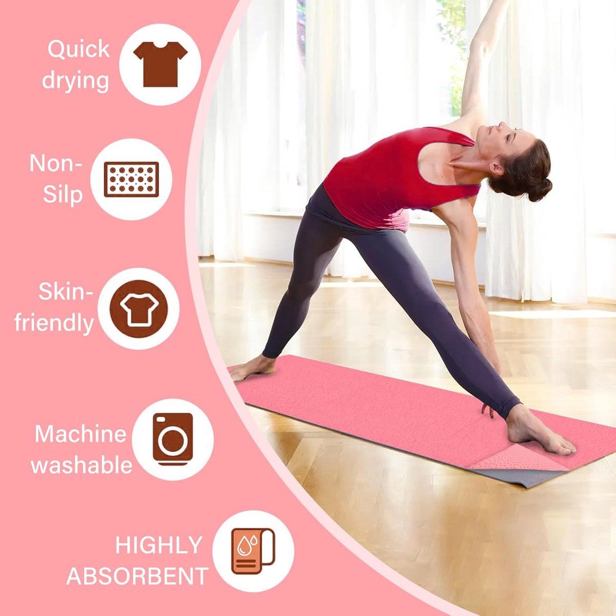 Non Slip Microfiber Yoga Mat Towel With Mesh Carry Bag Quick Dry Sweat Absorbent For Hot Yoga Pilates Gym Pink, 183 x 63 cm