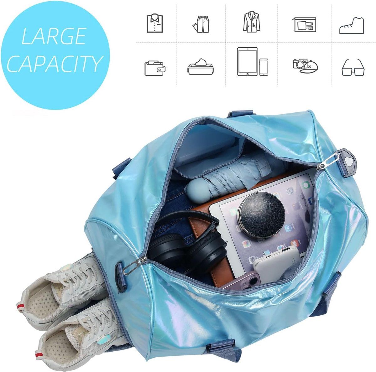 Waterproof Polyester Gym Duffle Bag With Shoe Compartment And Wet Dry Pocket For Women Travel Fitness Swimming Blue, 48 x 26 x 39 cm