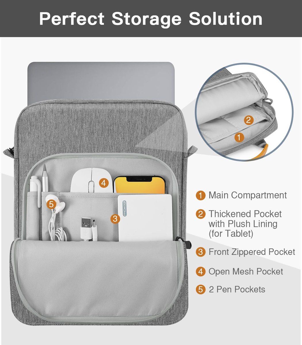 Laptop Sleeve Bag With Water Resistant Oxford Fabric, Extra Pockets And Shoulder Strap For Travel Work School, Light Gray, 13.3 in