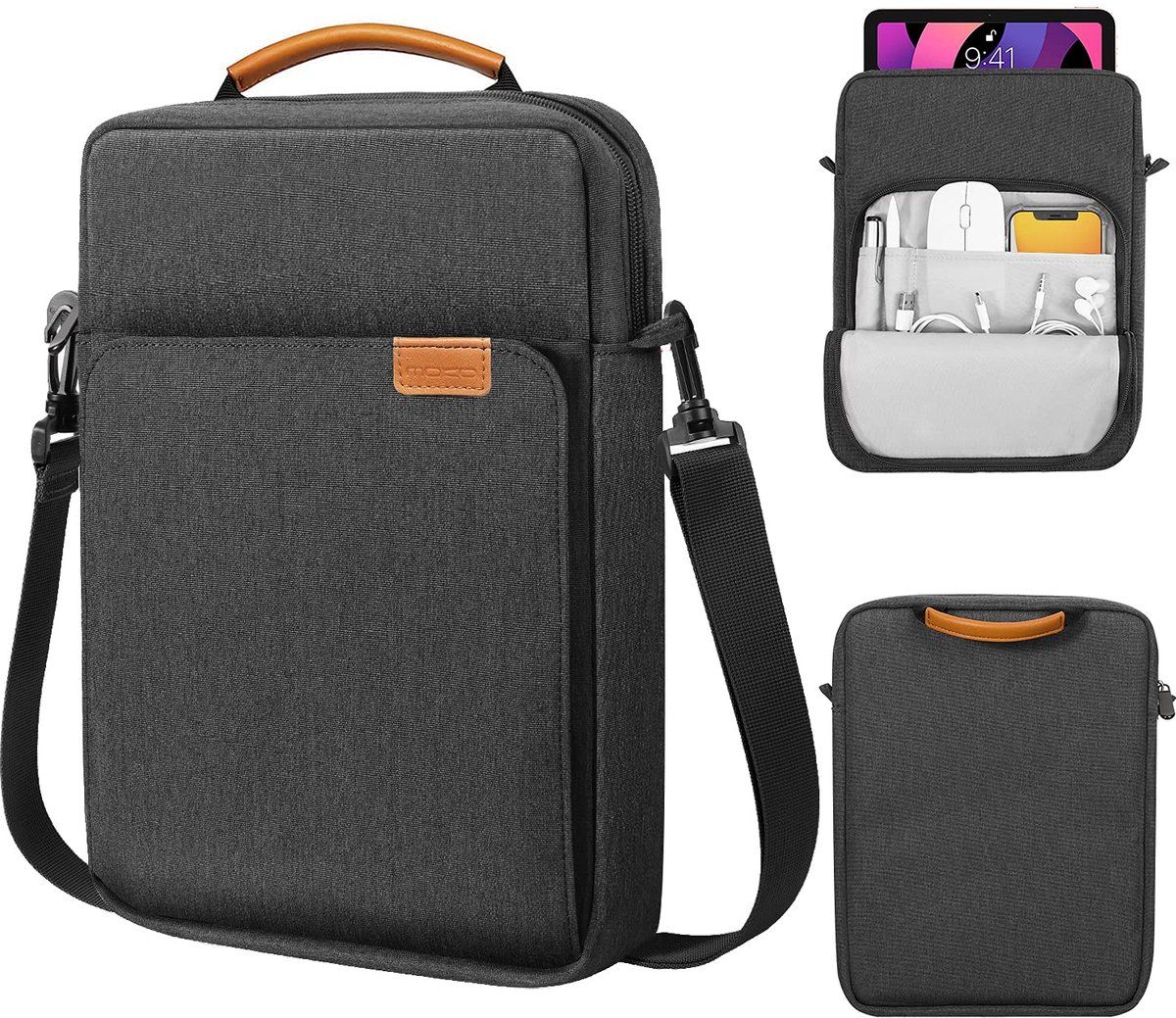Laptop Shoulder Bag With Water Resistant Oxford Fabric, Extra Organizer Pockets And Removable Strap For Travel Work School, Black Gray, 13.3 in