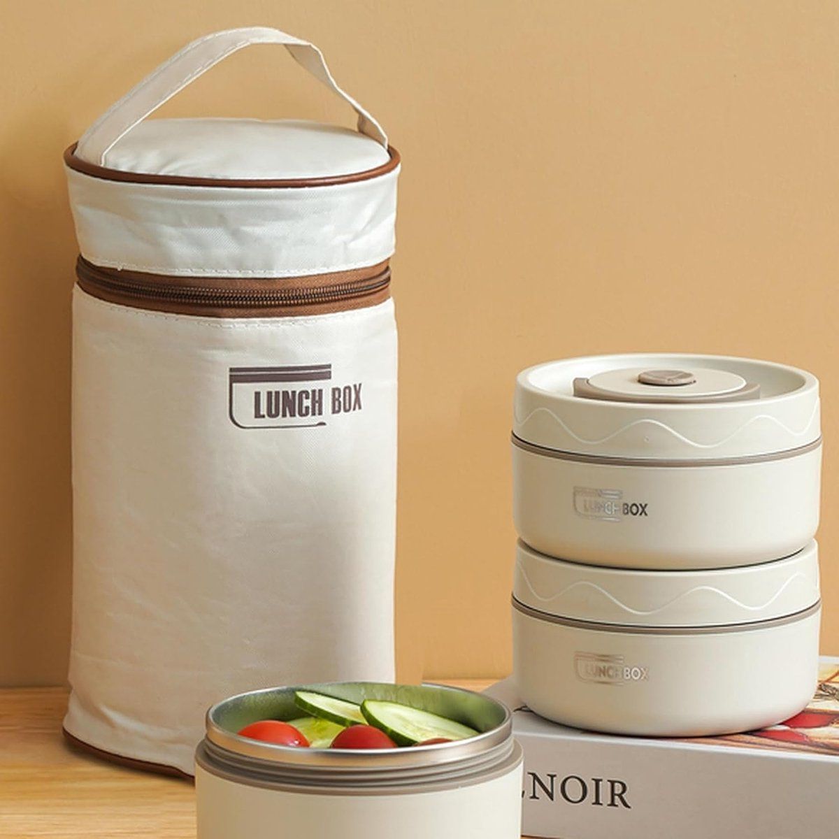 Stainless Steel Bento Lunch Box With 3 Stackable Layers, Leakproof Vacuum Insulated Food Container With Carry Bag For Office And Picnic, White, 440 ml