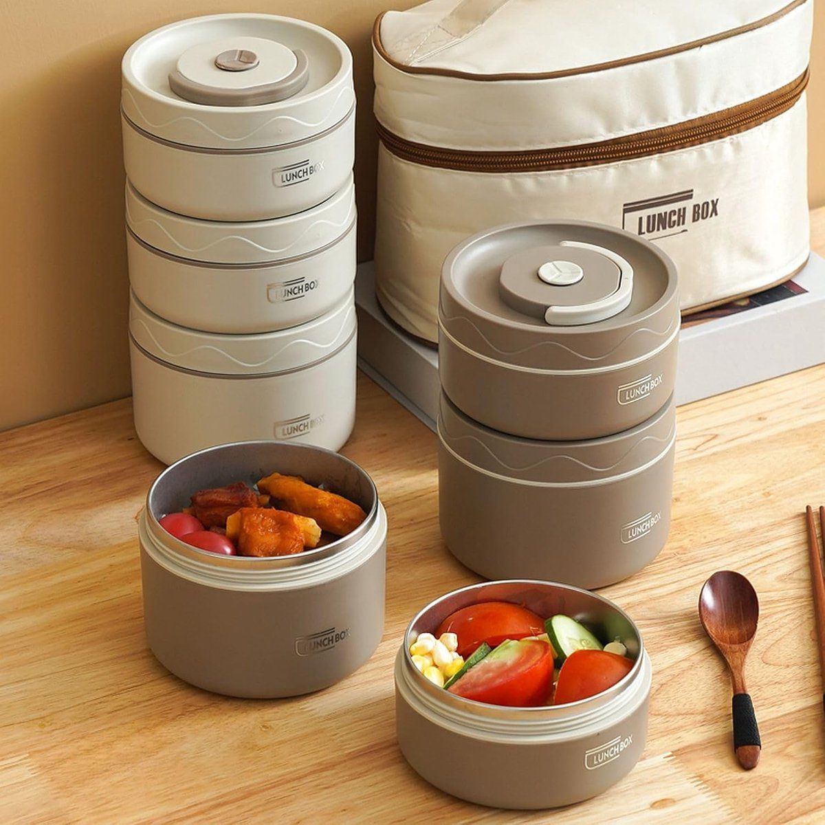 Stainless Steel Bento Lunch Box With 3 Stackable Layers, Leakproof Vacuum Insulated Food Container With Carry Bag For Office And Picnic, White, 440 ml