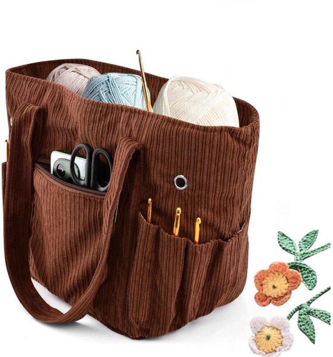 Corduroy Yarn Storage Bag With Metal Grommets And Multiple Pockets, Portable Crochet And Knitting Tote For Travel, Brown, 39.5 x 15.2 x 23.5 cm
