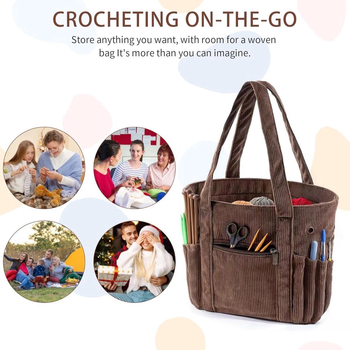 Corduroy Yarn Storage Bag With Metal Grommets And Multiple Pockets, Portable Crochet And Knitting Tote For Travel, Brown, 39.5 x 15.2 x 23.5 cm