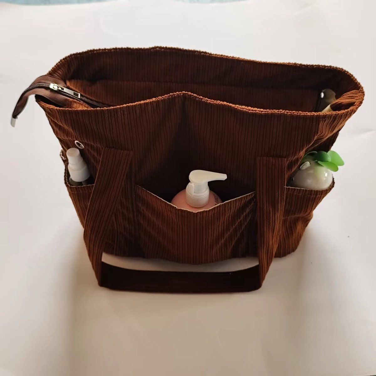 Corduroy Yarn Storage Bag With Metal Grommets And Multiple Pockets, Portable Crochet And Knitting Tote For Travel, Brown, 39.5 x 15.2 x 23.5 cm
