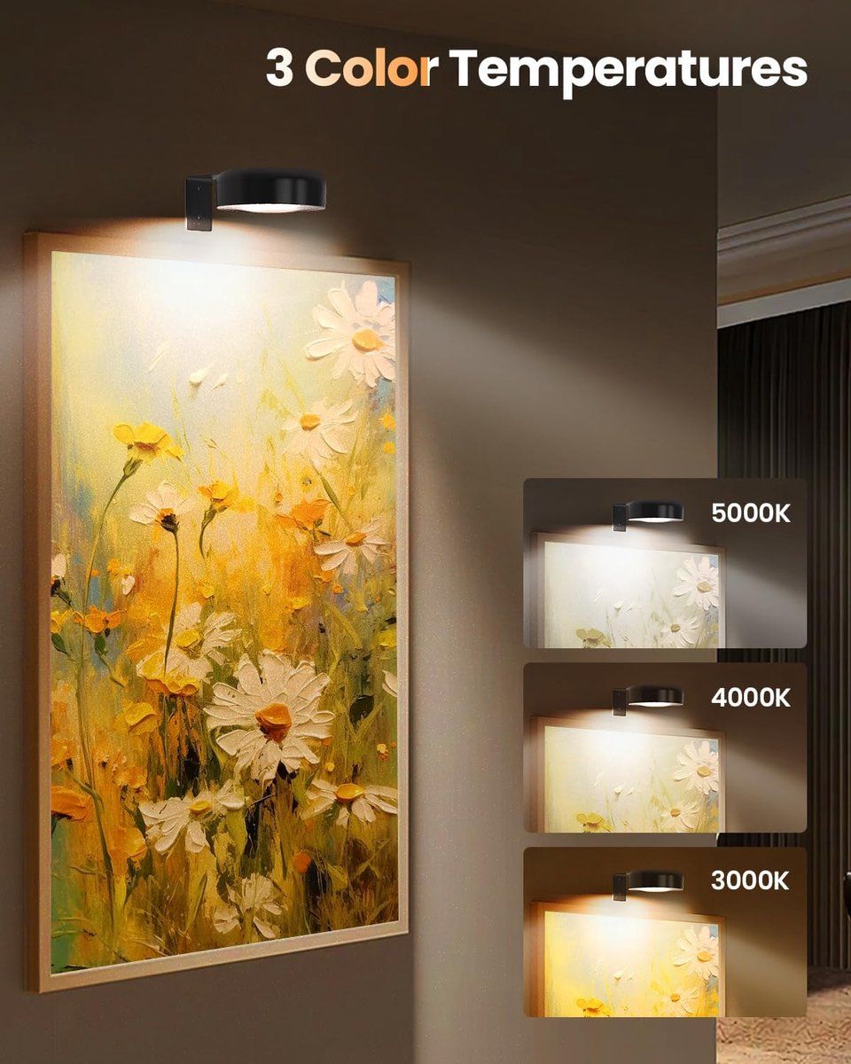 3 Pack Battery Operated Picture Lights, Magnetic LED Wall Art Display Lamp With Remote Control, 3 Lighting Modes Dimmable For Framed Paintings, Black