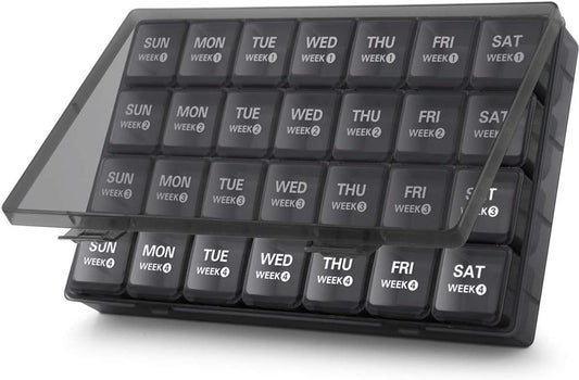 Monthly Pill Organizer 28 Day 4 Week Large Capacity BPA Free PP Plastic Travel Pill Box With Dustproof Container, Black
