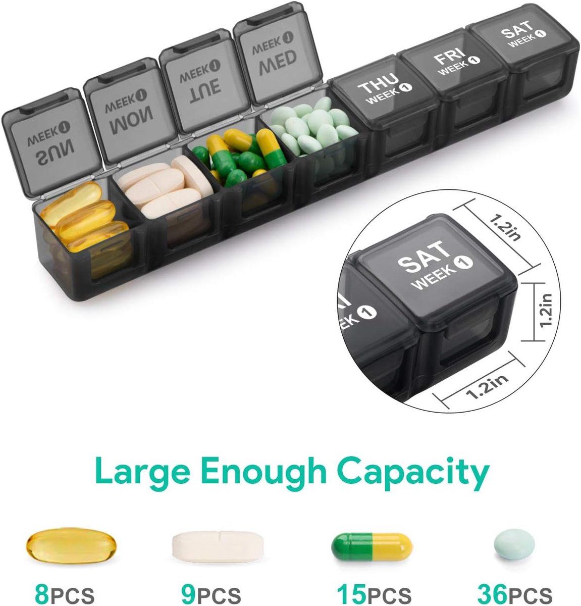 Monthly Pill Organizer 28 Day 4 Week Large Capacity BPA Free PP Plastic Travel Pill Box With Dustproof Container, Black