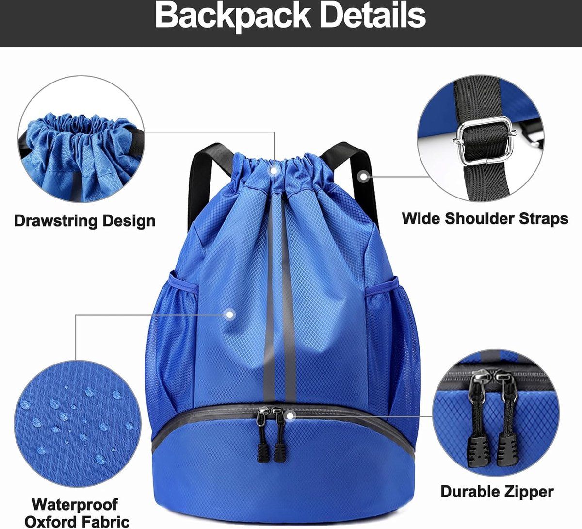 Drawstring Gym Backpack, Water Resistant Oxford Cloth Sports Bag With Shoe Compartment And Wet Pocket, For Swimming And Workout, Blue