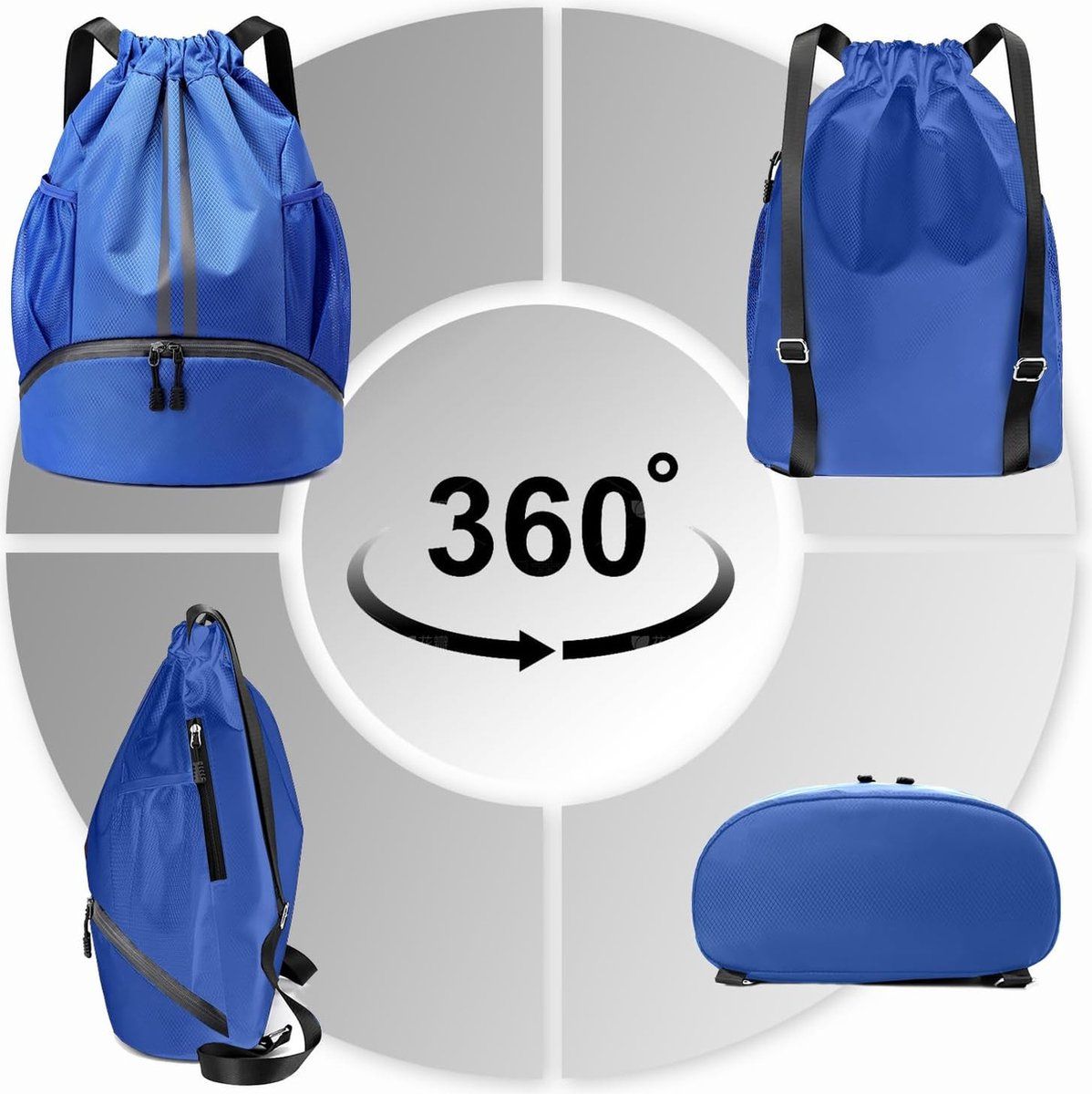 Drawstring Gym Backpack, Water Resistant Oxford Cloth Sports Bag With Shoe Compartment And Wet Pocket, For Swimming And Workout, Blue