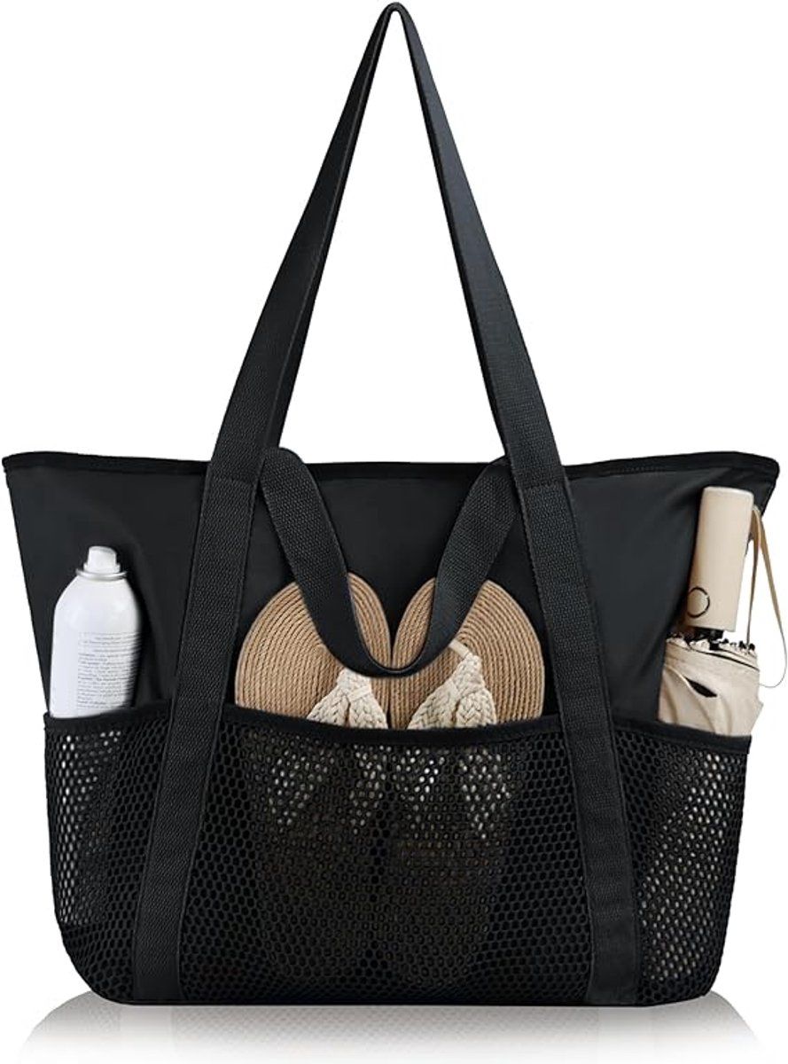 Large Beach Tote Bag With Zipper, Foldable Waterproof Memory Fabric, 7 Compartments For Family Travel Swimming Vacation, XXL Black, 52 x 36 x 17 cm