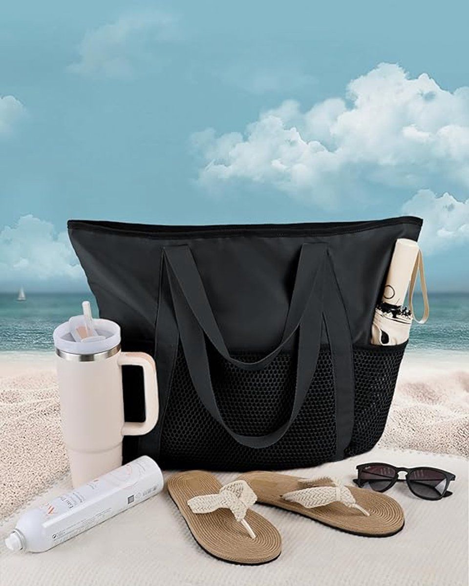Large Beach Tote Bag With Zipper, Foldable Waterproof Memory Fabric, 7 Compartments For Family Travel Swimming Vacation, XXL Black, 52 x 36 x 17 cm