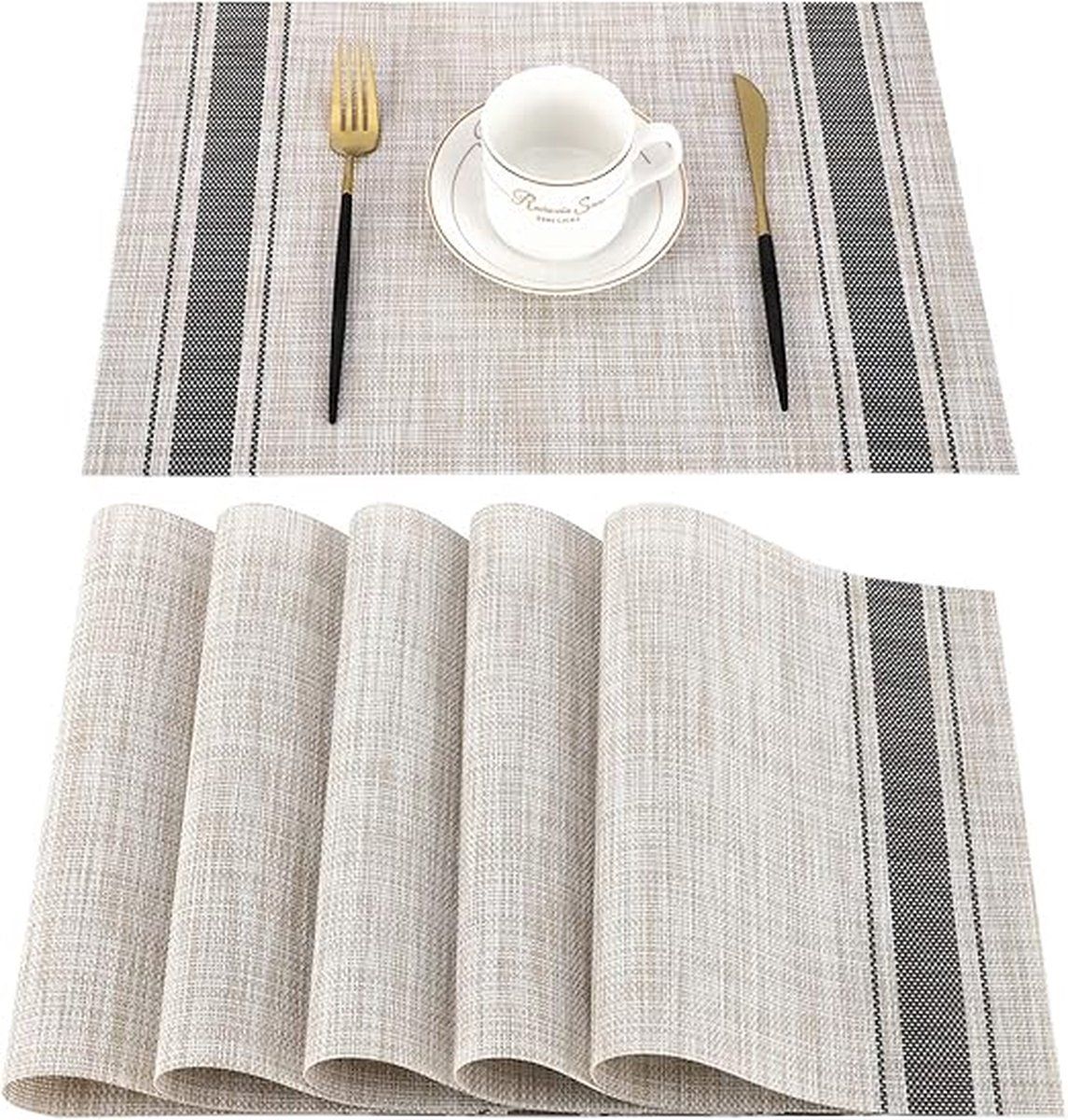 6 Pack PVC Placemats Washable Non Slip Heat Resistant Easy Clean Table Mats For Kitchen Dining Brown Stripe, 45 x 30 cm