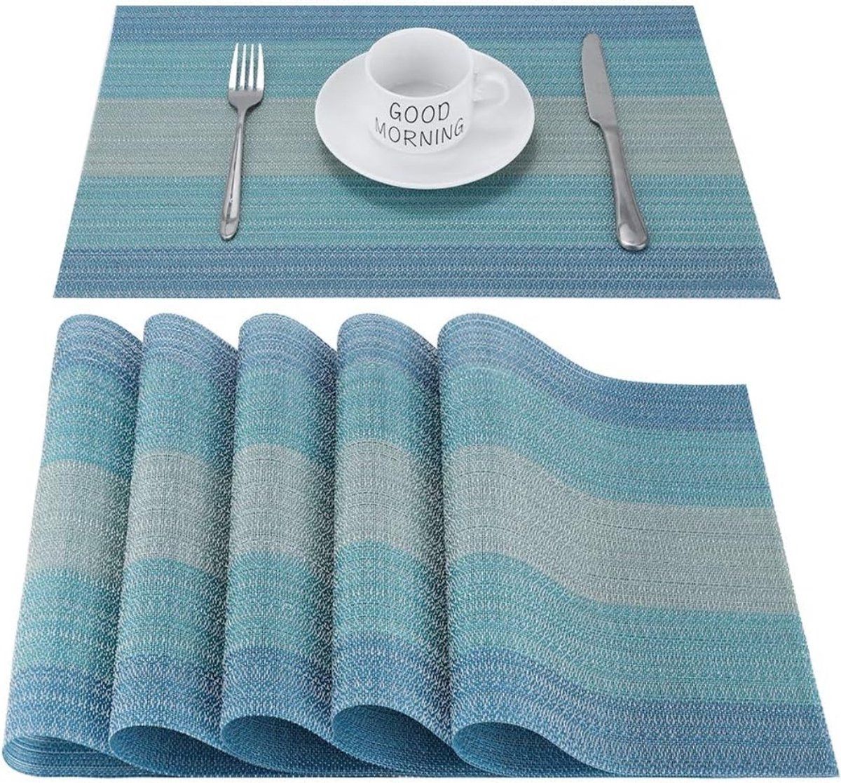 6 Pack PVC Woven Placemats Easy To Clean Non Slip Heat Resistant Stain Resistant Table Mats For Kitchen Dining Table Blue, 45 x 30 cm
