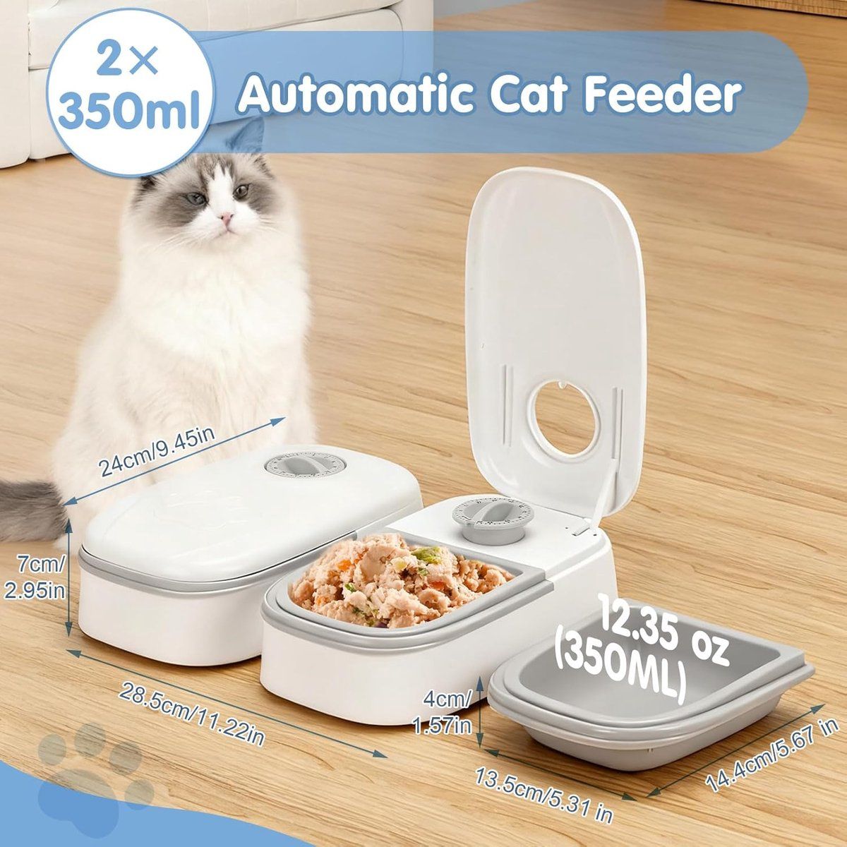 Automatic Cat Feeder With 48 Hour Timer, Dual Tray ABS Food Dispenser For Wet And Dry Food, For Cats And Small Dogs, 700 ml, 28.5 x 24.5 x 7.5 cm