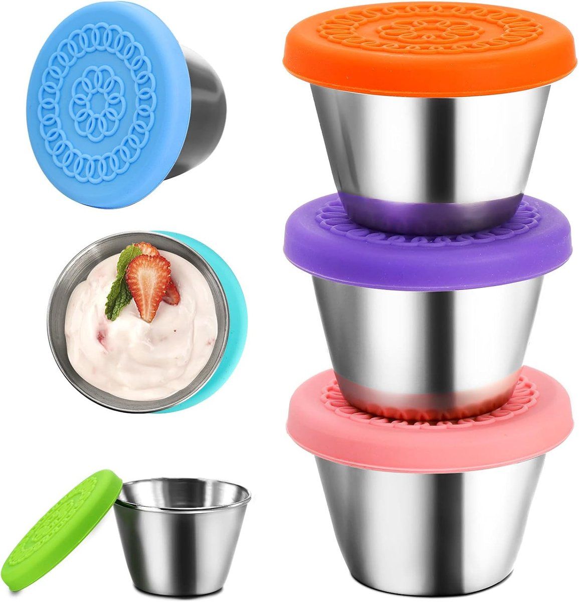 6 Pack Stainless Steel Condiment Cups With Leakproof Silicone Lids, Stackable Dipping Sauce Containers For Lunch, Travel And Picnics, 70 ml, 2.4 oz