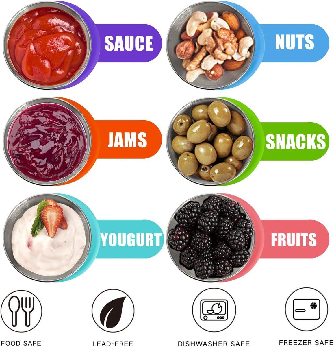 6 Pack Stainless Steel Condiment Cups With Leakproof Silicone Lids, Stackable Dipping Sauce Containers For Lunch, Travel And Picnics, 70 ml, 2.4 oz