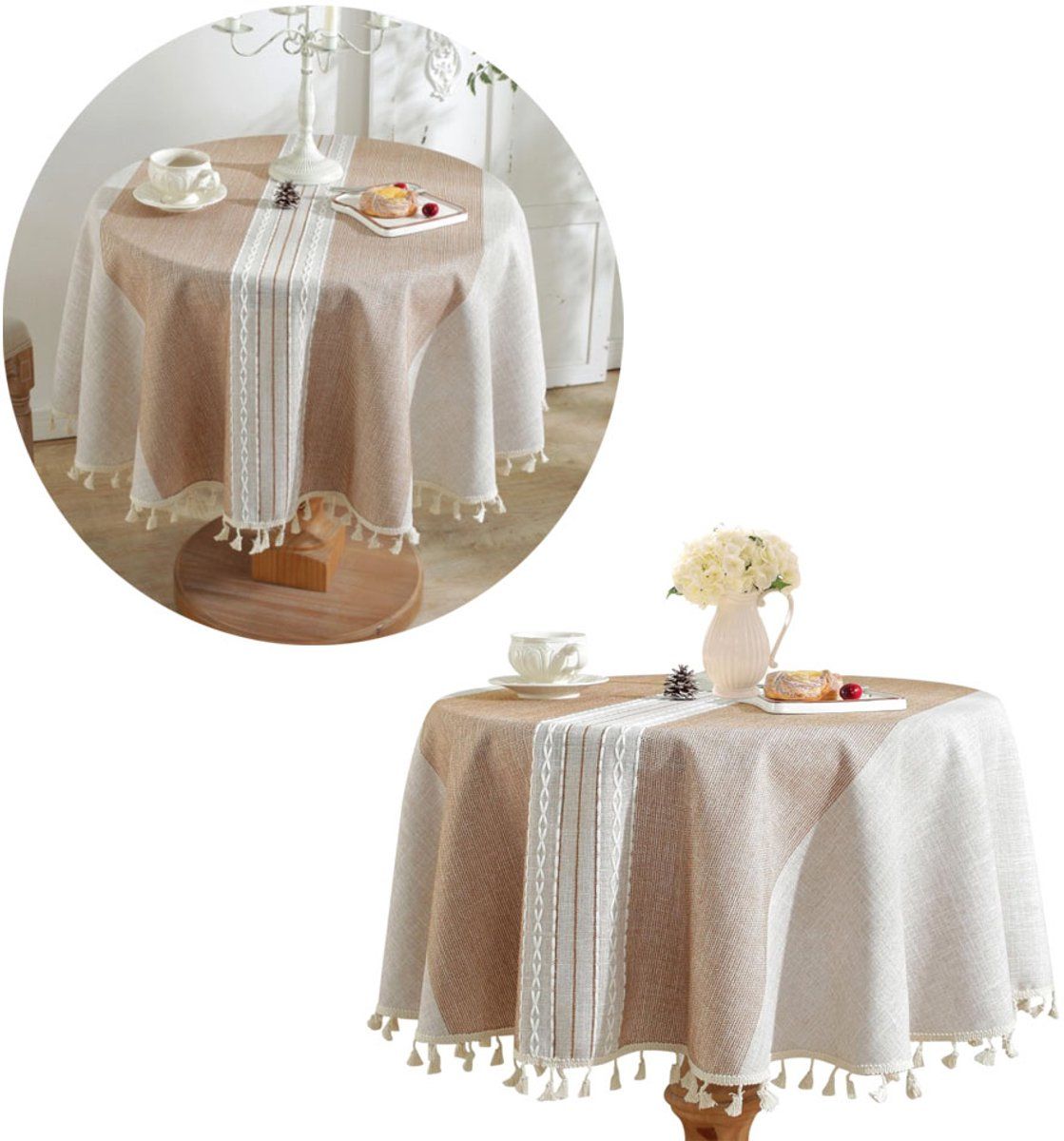 Round Tablecloth, Wrinkle Resistant Polyester With Tassels, Decorative Table Cover For Indoor Outdoor Dining Patio Picnic, Brown, 55 in, 140 cm