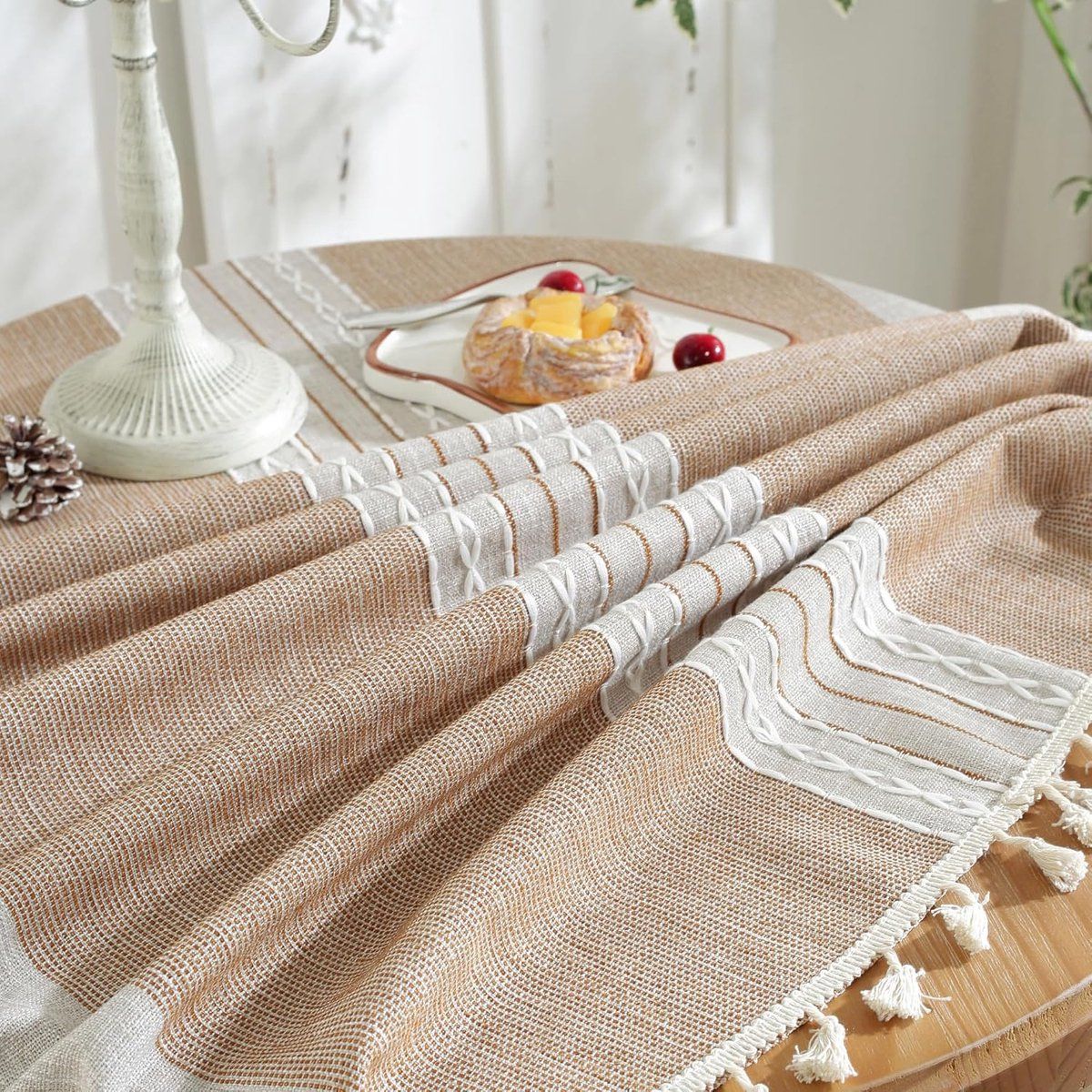 Round Tablecloth, Wrinkle Resistant Polyester With Tassels, Decorative Table Cover For Indoor Outdoor Dining Patio Picnic, Brown, 55 in, 140 cm