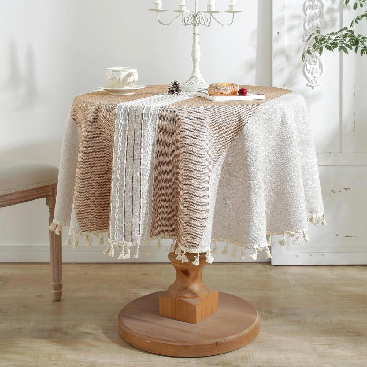 Round Tablecloth, Wrinkle Resistant Polyester With Tassels, Decorative Table Cover For Indoor Outdoor Dining Patio Picnic, Brown, 55 in, 140 cm