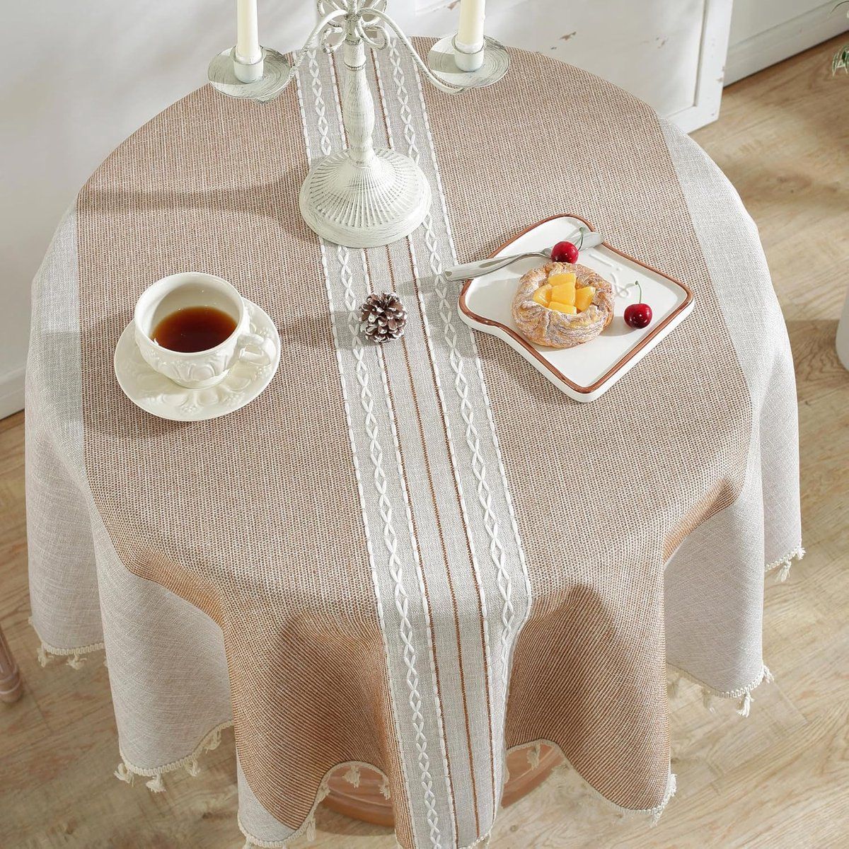 Round Tablecloth, Wrinkle Resistant Polyester With Tassels, Decorative Table Cover For Indoor Outdoor Dining Patio Picnic, Brown, 55 in, 140 cm