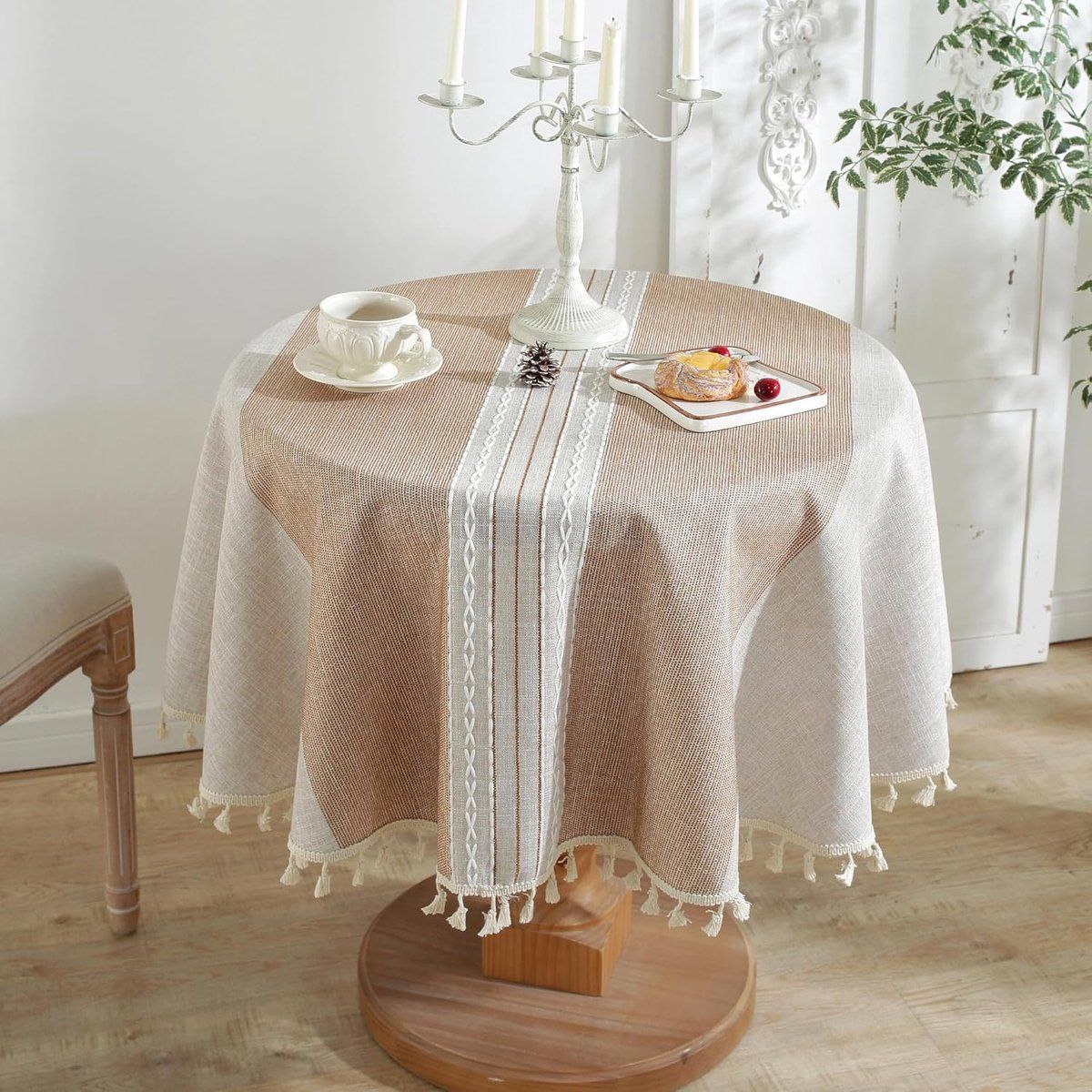 Round Tablecloth, Wrinkle Resistant Polyester With Tassels, Decorative Table Cover For Indoor Outdoor Dining Patio Picnic, Brown, 55 in, 140 cm