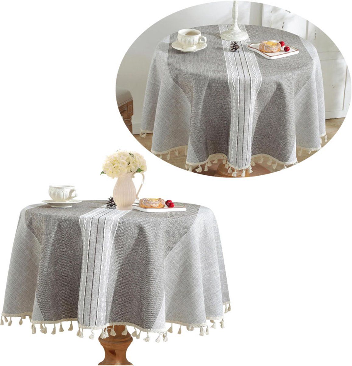 Round Polyester Tablecloth With Tassels, Decorative Machine Washable Table Cover For Indoor Outdoor Dining, Patio And Picnic, Gray, 55 in, 140 cm