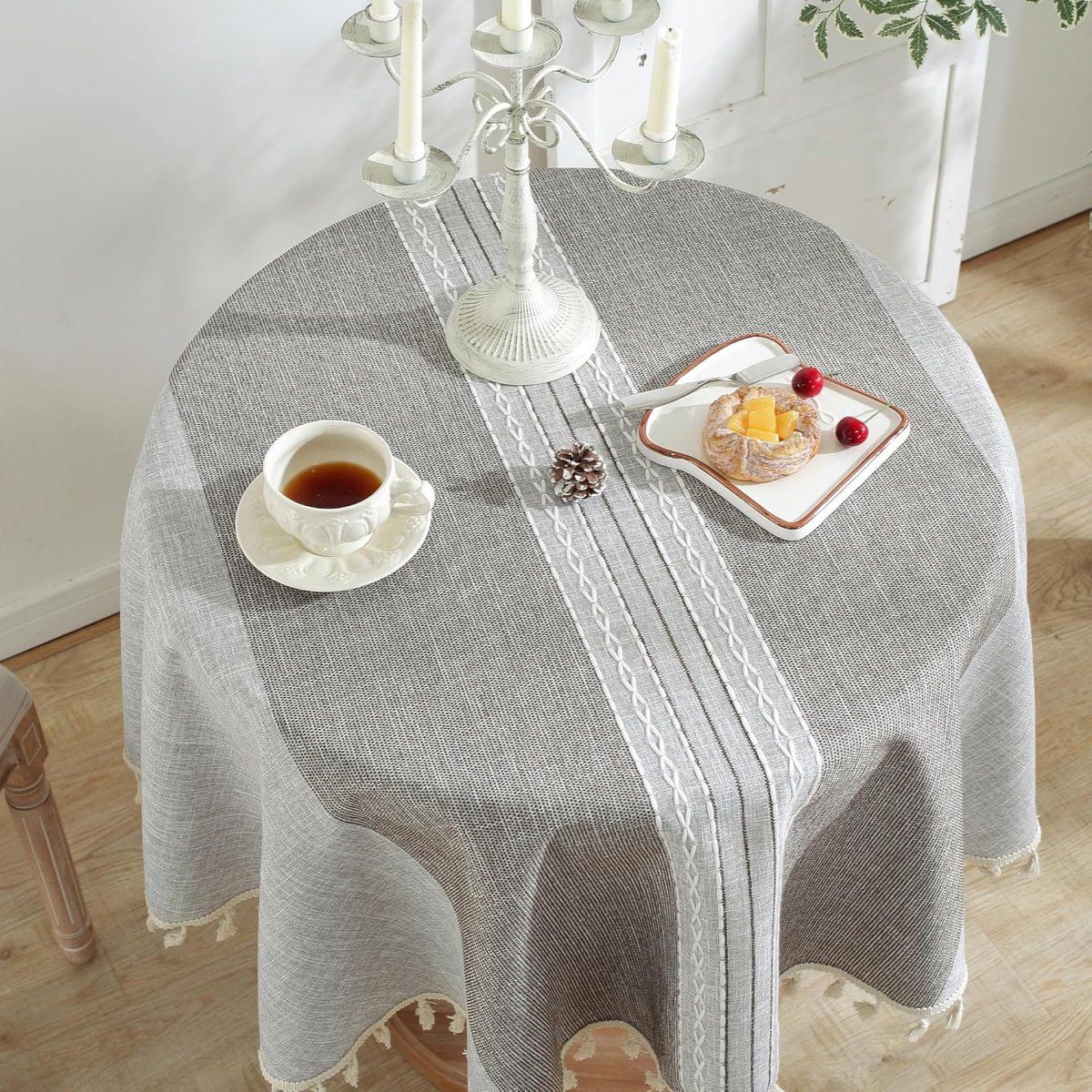 Round Polyester Tablecloth With Tassels, Decorative Machine Washable Table Cover For Indoor Outdoor Dining, Patio And Picnic, Gray, 55 in, 140 cm