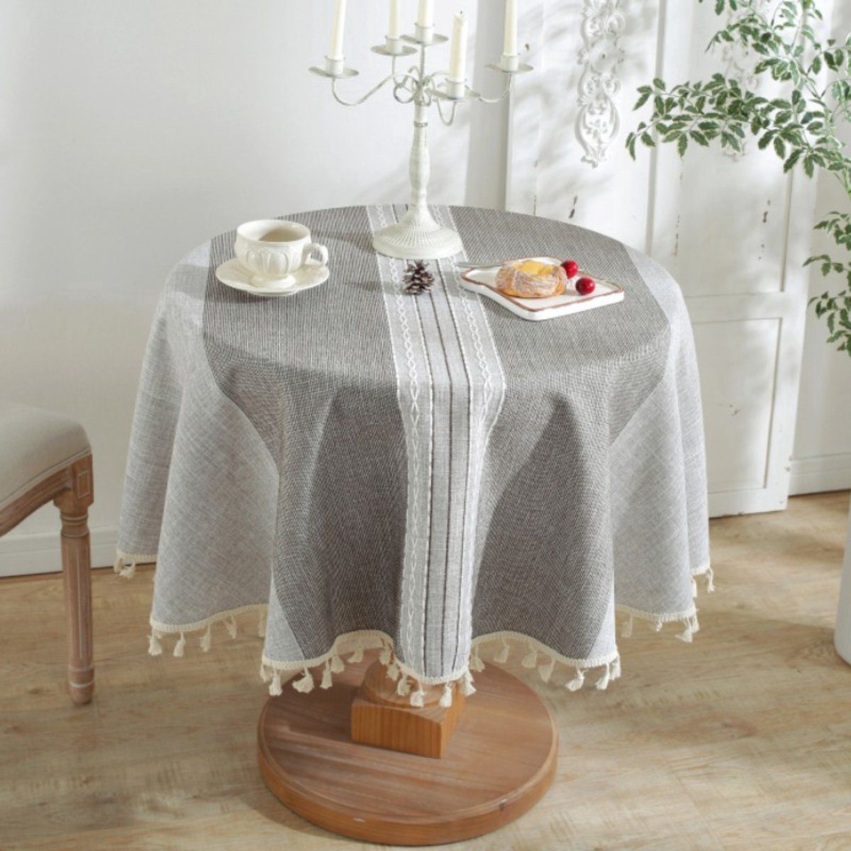 Round Polyester Tablecloth With Tassels, Decorative Machine Washable Table Cover For Indoor Outdoor Dining, Patio And Picnic, Gray, 55 in, 140 cm