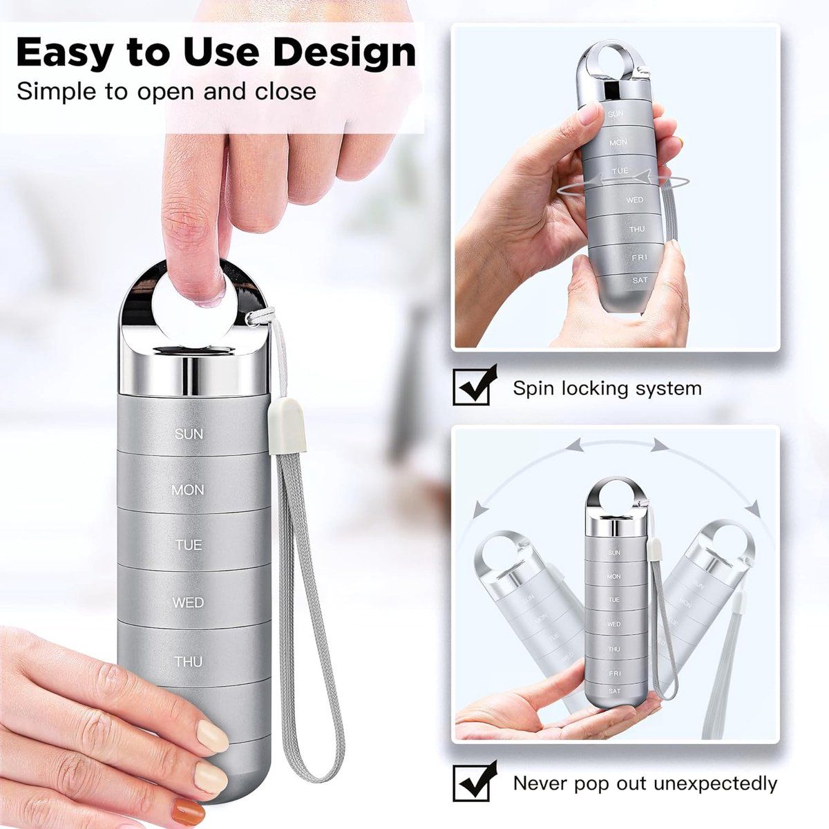 Travel Pill Organizer Waterproof Aluminum Alloy 7 Day Weekly Pill Box With Large Compartments For Vitamins Fish Oil Supplements Gray