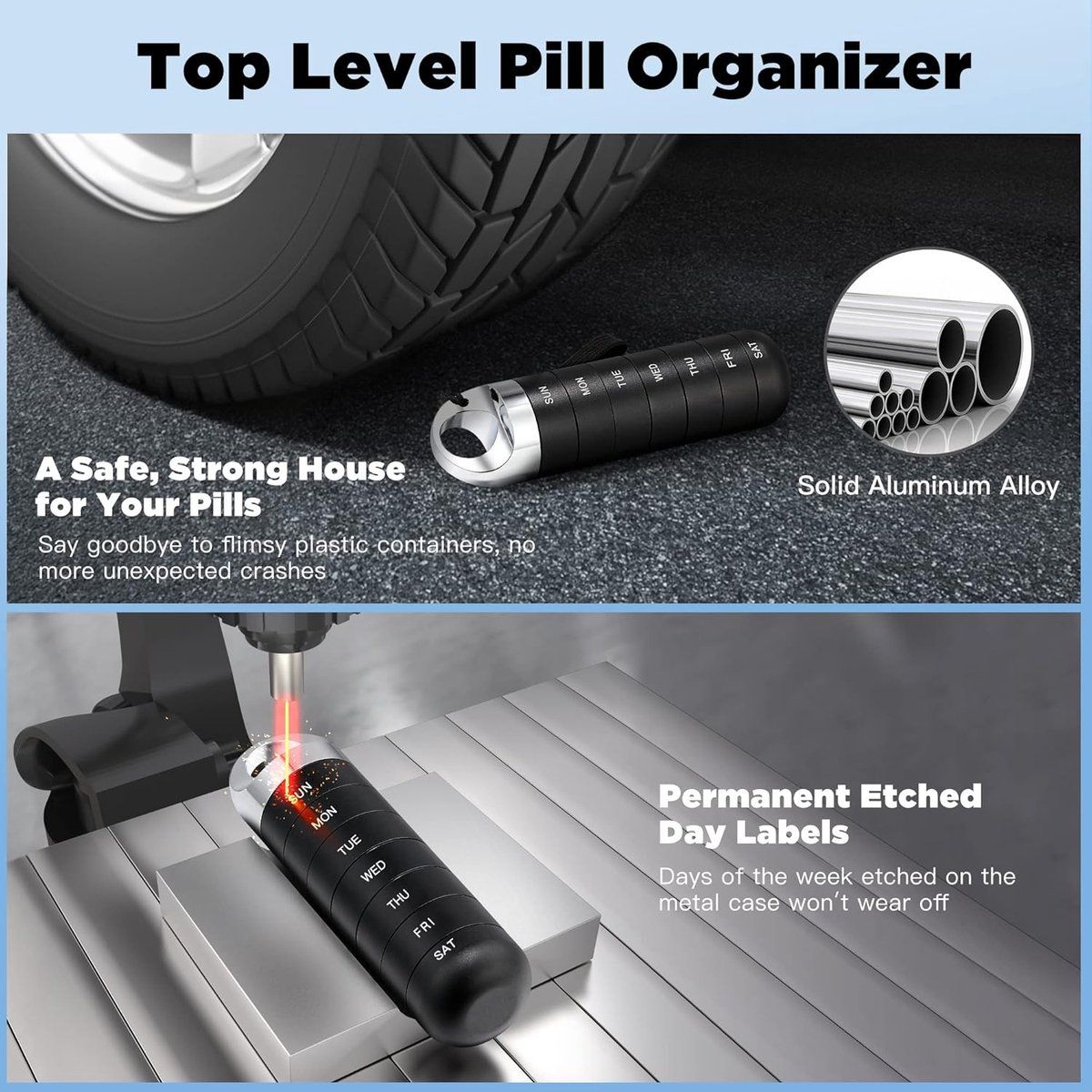 Travel Pill Organizer, Waterproof Airtight Aluminum Alloy 7 Day Weekly Pill Box With Large Compartments For Vitamins Supplements, Black