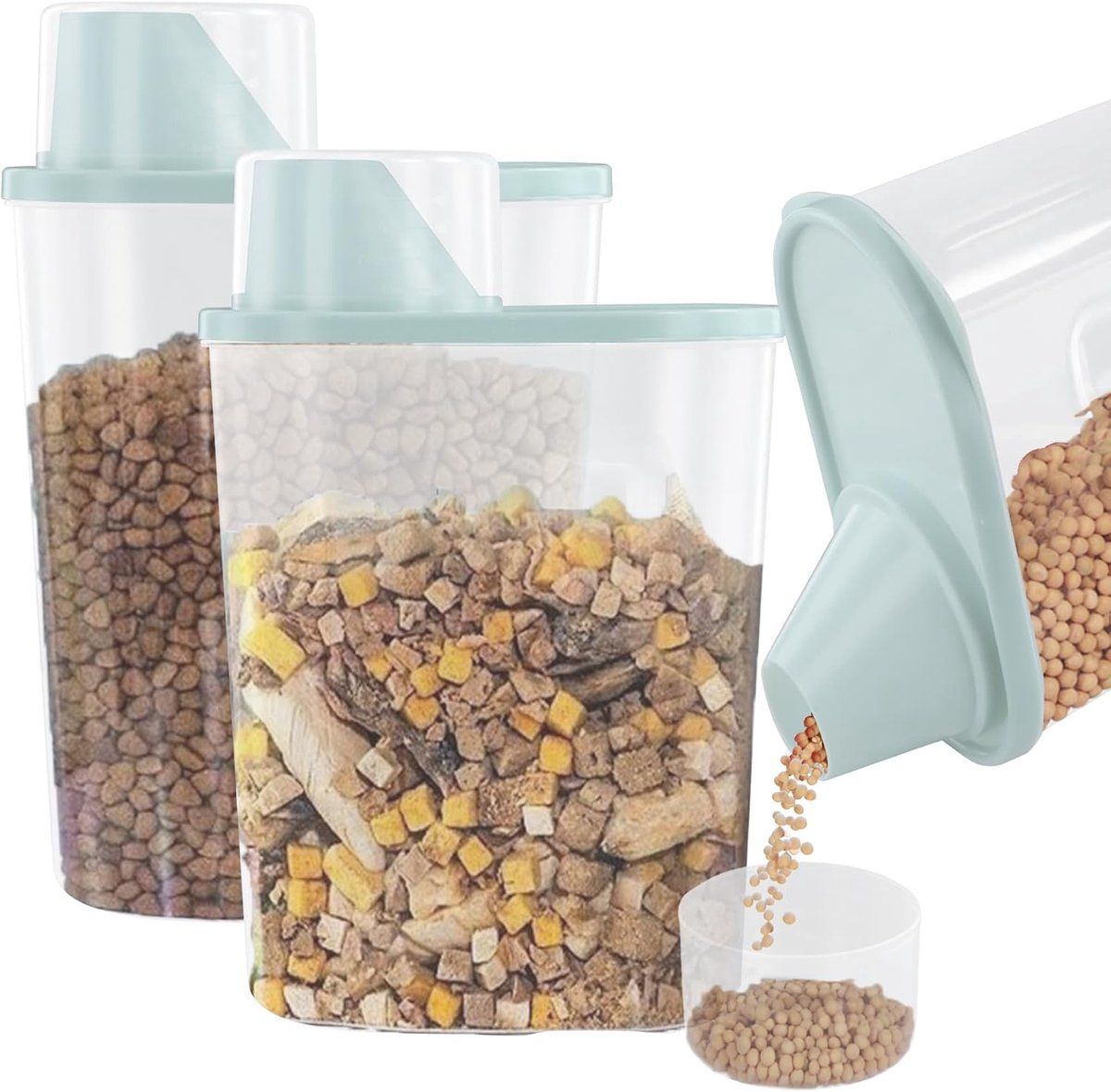 2 Pack Airtight Pet Food Storage Container Set With Measuring Cup Lid, ABS Dry Food Keeper For Dogs And Cats, Blue, 2.5 L, 25 x 15 x 8 cm
