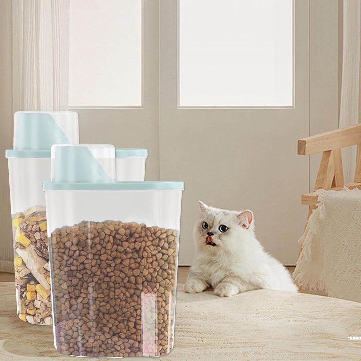 2 Pack Airtight Pet Food Storage Container Set With Measuring Cup Lid, ABS Dry Food Keeper For Dogs And Cats, Blue, 2.5 L, 25 x 15 x 8 cm