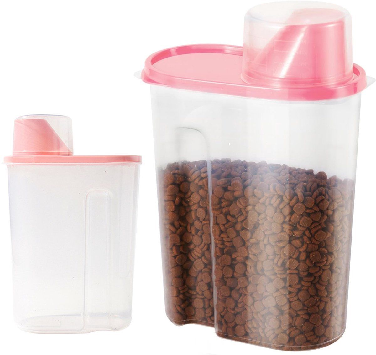 2 Pack Airtight Pet Food Storage Container Set With Measuring Cup Lid, ABS Dry Food Keeper For Dogs And Cats, Pink, 2.5 L, 25 x 15 x 8 cm