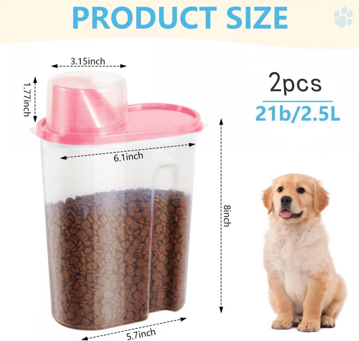 2 Pack Airtight Pet Food Storage Container Set With Measuring Cup Lid, ABS Dry Food Keeper For Dogs And Cats, Pink, 2.5 L, 25 x 15 x 8 cm