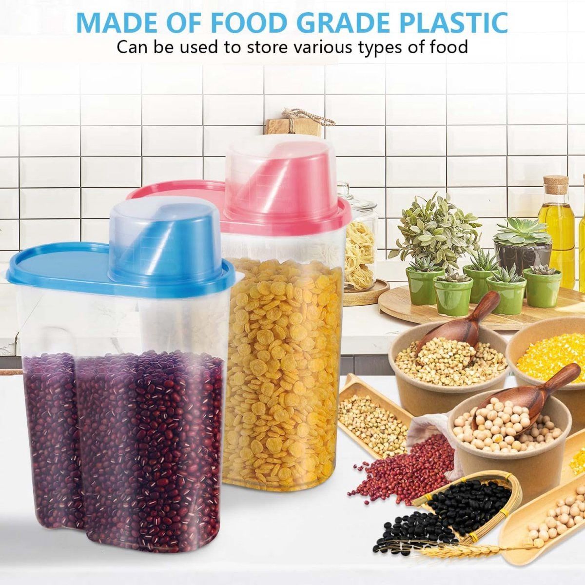 2 Pack Airtight Pet Food Storage Container Set With Measuring Cup Lid, ABS Dry Food Keeper For Dogs And Cats, Pink, 2.5 L, 25 x 15 x 8 cm