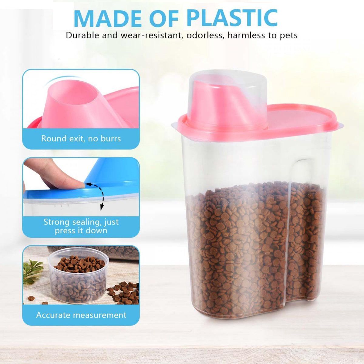 2 Pack Airtight Pet Food Storage Container Set With Measuring Cup Lid, ABS Dry Food Keeper For Dogs And Cats, Pink, 2.5 L, 25 x 15 x 8 cm