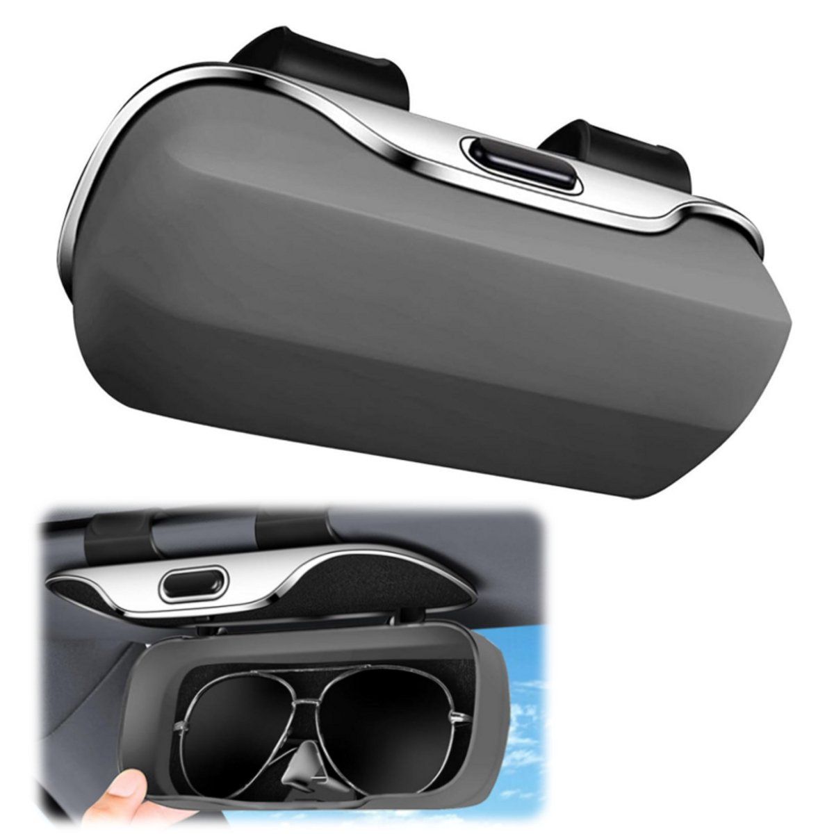 Car Sun Visor Sunglasses Holder Case, ABS Hard Shell With Soft Velvet Lining, One Hand Button Open, For SUV Cars Trucks, Gray, 6.5 x 18.5 x 8.1 cm